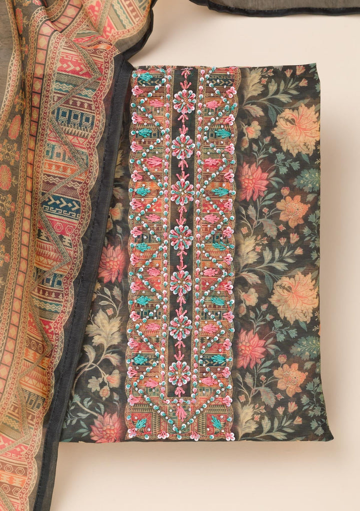Bottle Green Printed Chanderi Unstitched Salwar Suit-Koskii