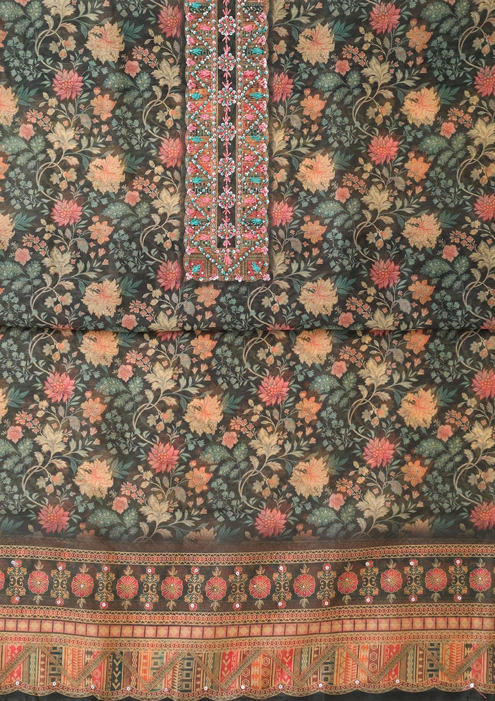 Bottle Green Printed Chanderi Unstitched Salwar Suit-Koskii