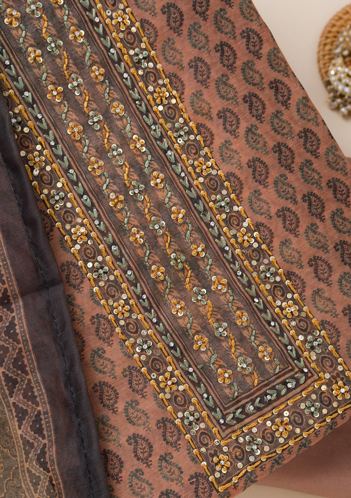 Peach Printed Chanderi Unstitched Salwar Suit-Koskii