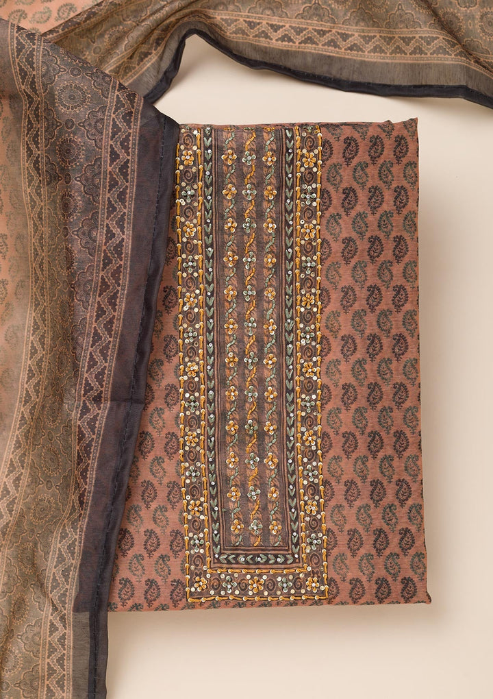 Peach Printed Chanderi Unstitched Salwar Suit-Koskii