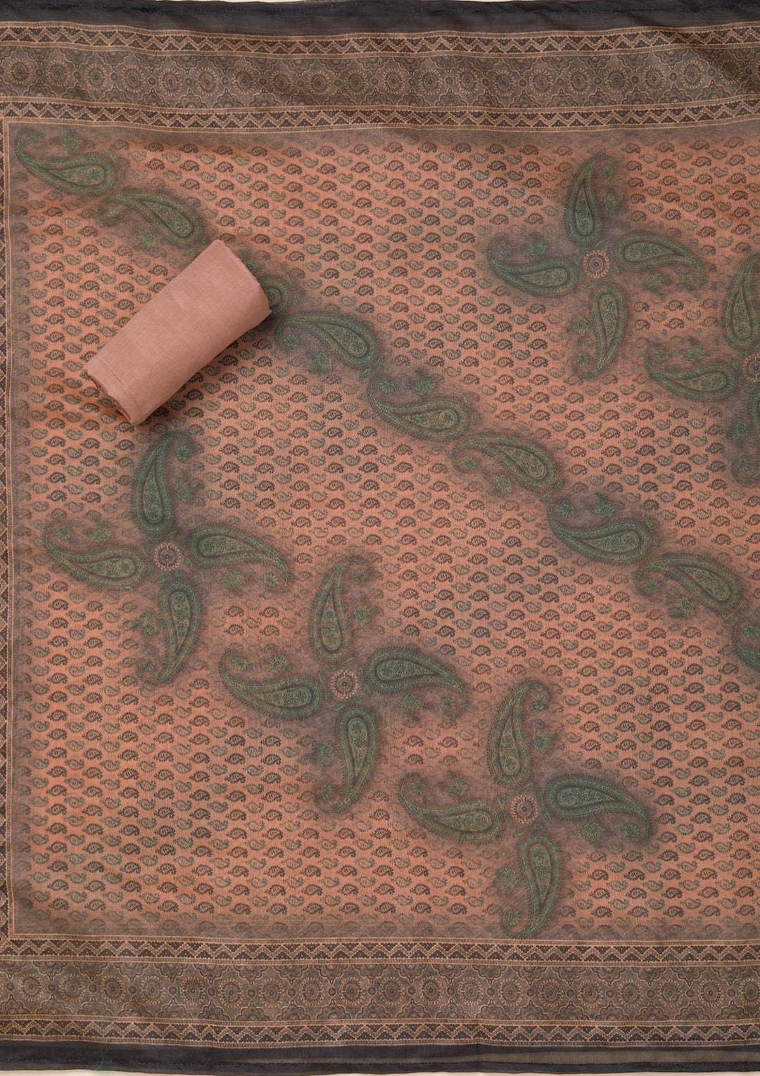 Peach Printed Chanderi Unstitched Salwar Suit-Koskii