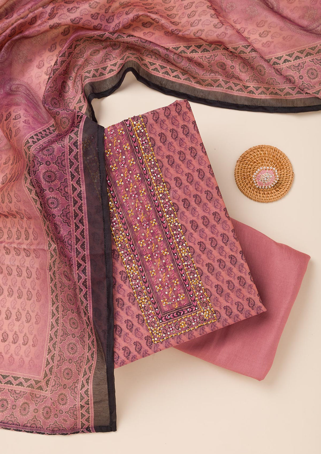 Pink Printed Chanderi Unstitched Salwar Suit-Koskii