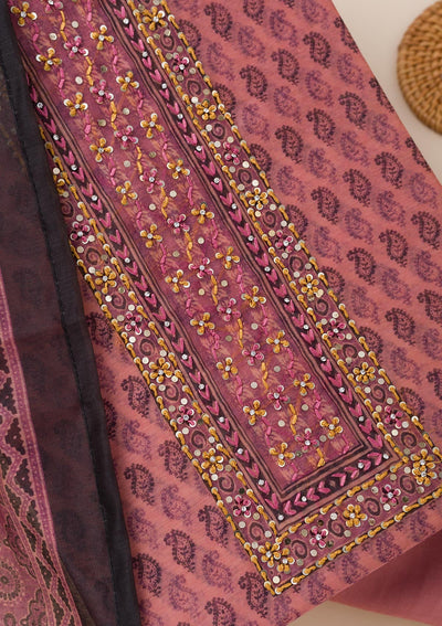 Pink Printed Chanderi Unstitched Salwar Suit-Koskii