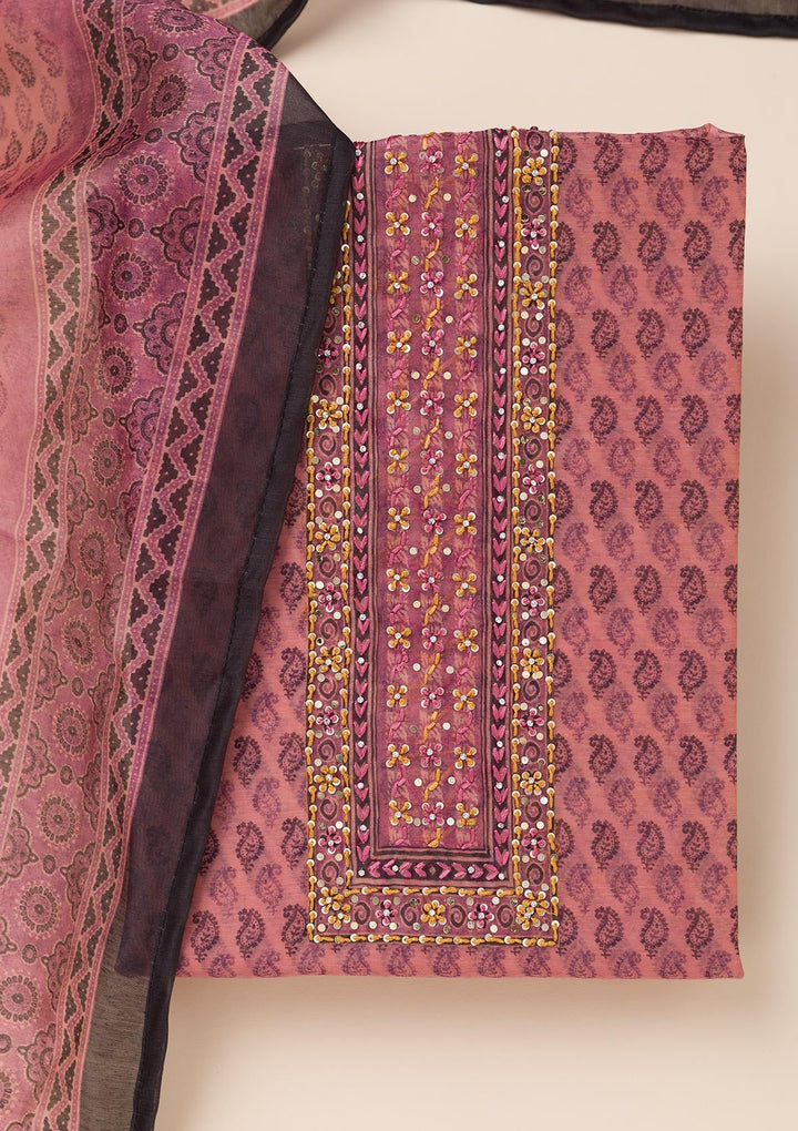 Pink Printed Chanderi Unstitched Salwar Suit-Koskii