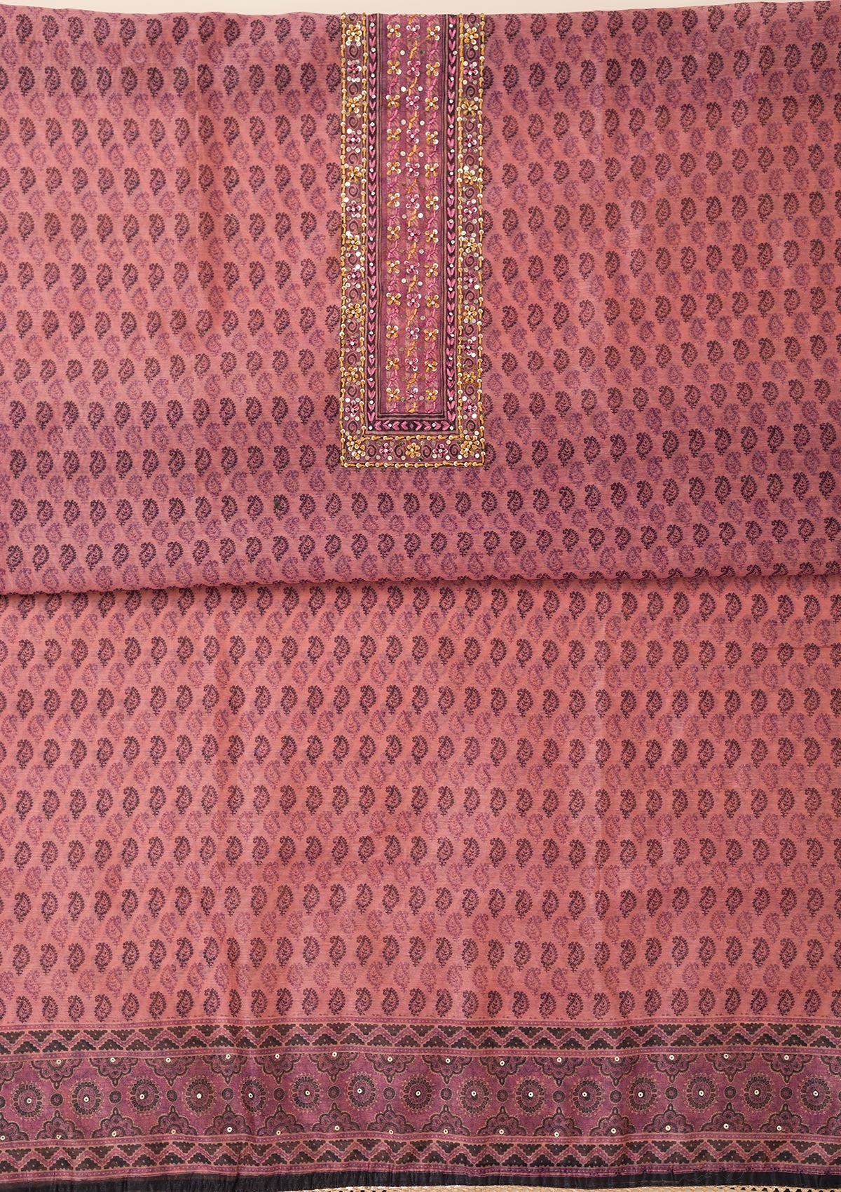 Pink Printed Chanderi Unstitched Salwar Suit-Koskii
