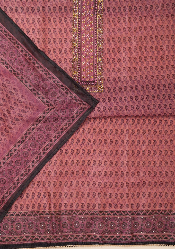 Pink Printed Chanderi Unstitched Salwar Suit-Koskii
