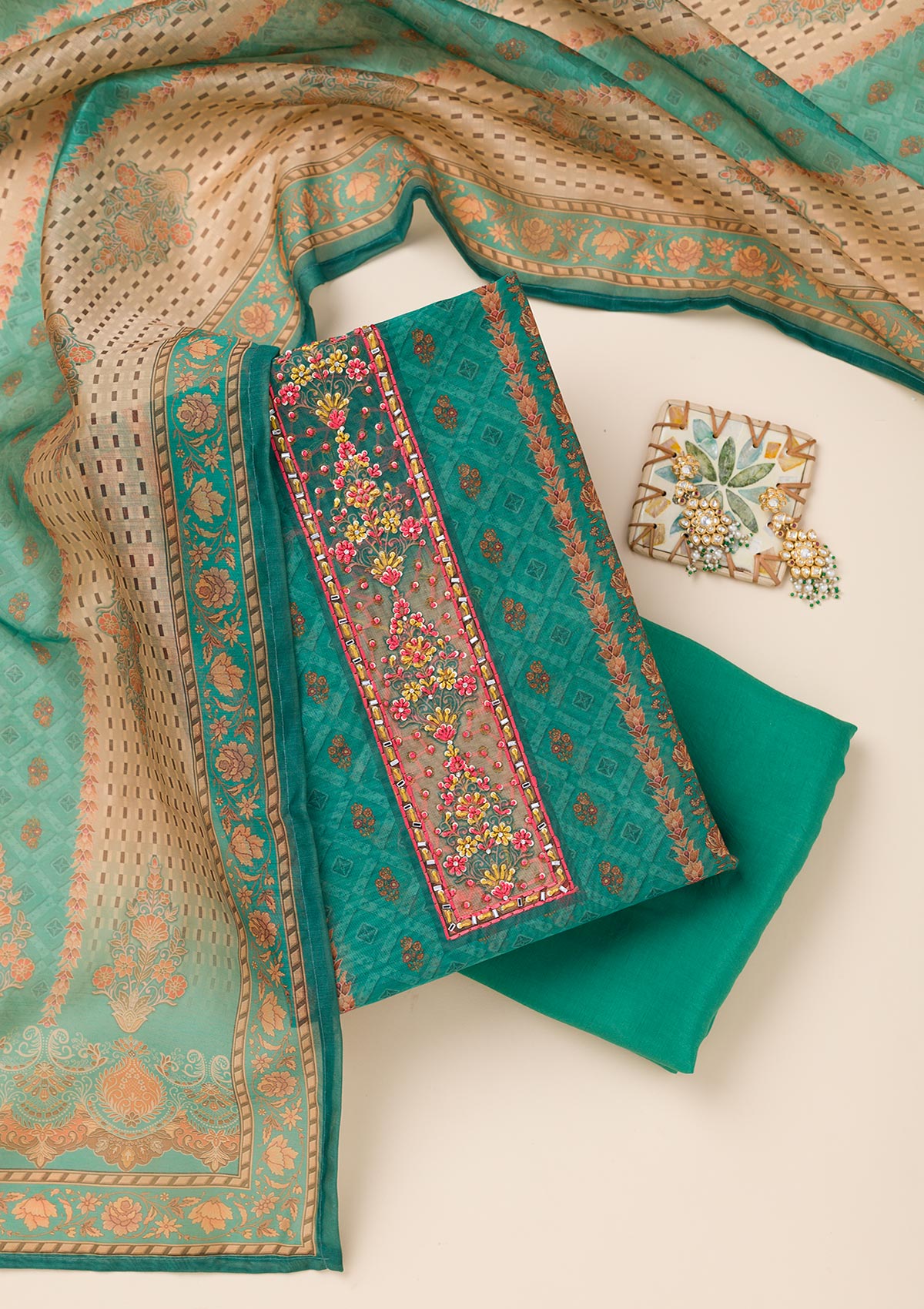 Peacock Green Printed Chanderi Unstitched Salwar Suit-Koskii