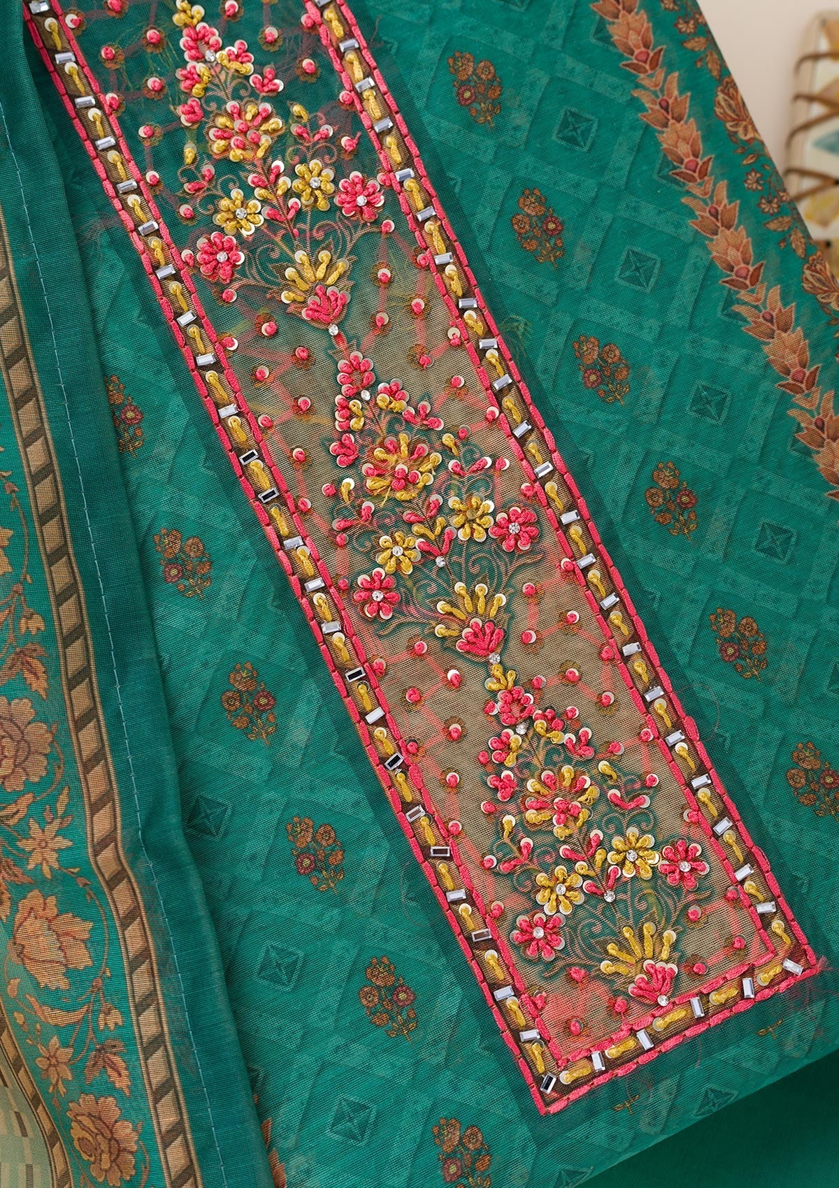 Peacock Green Printed Chanderi Unstitched Salwar Suit-Koskii