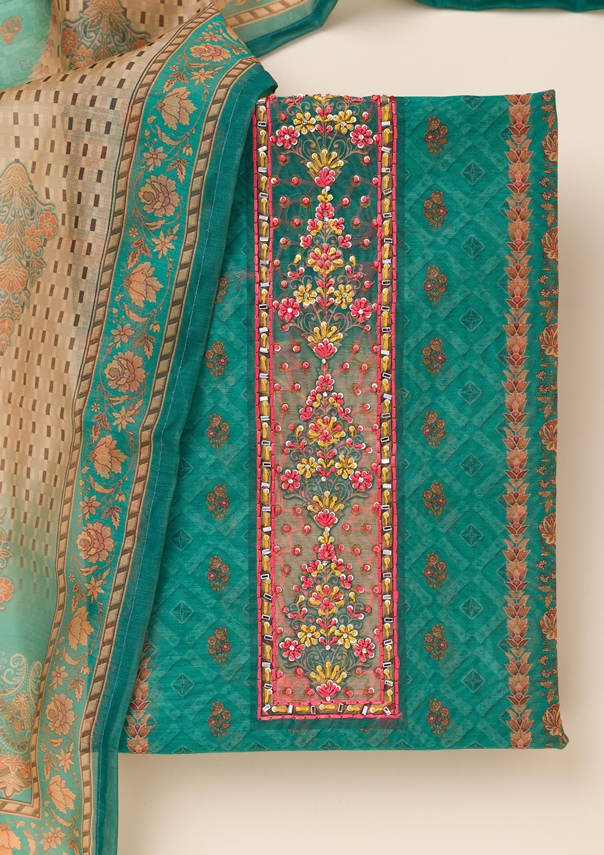 Peacock Green Printed Chanderi Unstitched Salwar Suit-Koskii