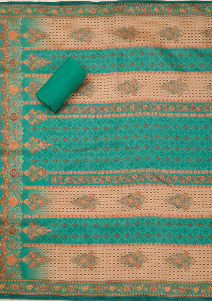 Peacock Green Printed Chanderi Unstitched Salwar Suit-Koskii