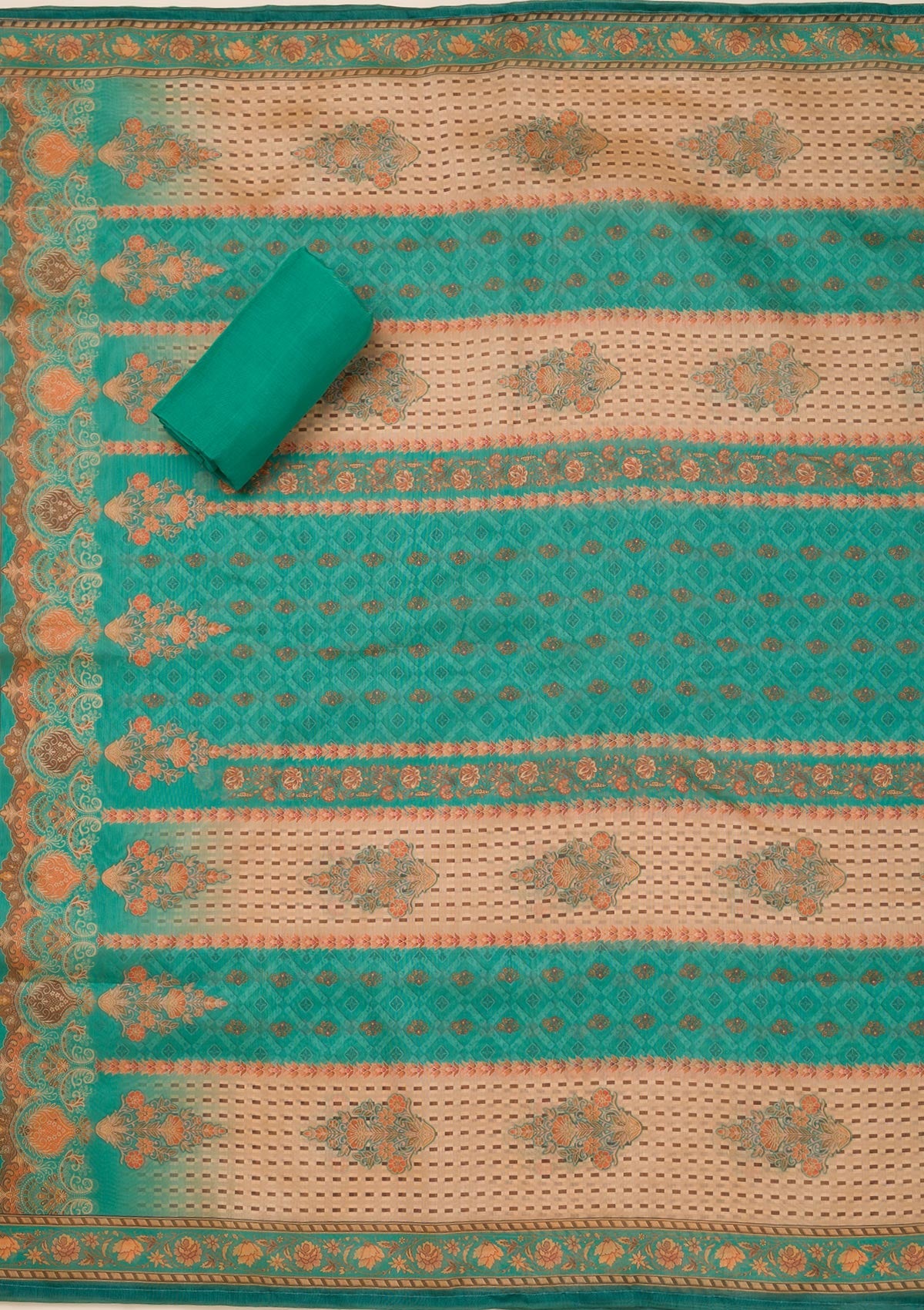 Peacock Green Printed Chanderi Unstitched Salwar Suit-Koskii