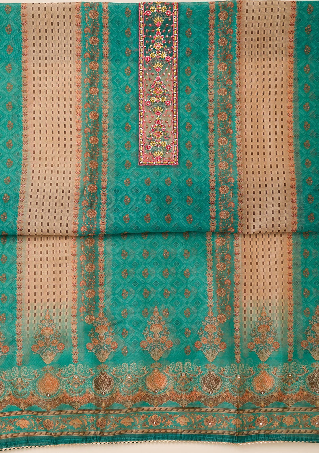 Peacock Green Printed Chanderi Unstitched Salwar Suit-Koskii