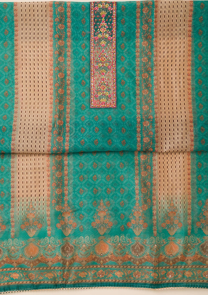 Peacock Green Printed Chanderi Unstitched Salwar Suit-Koskii
