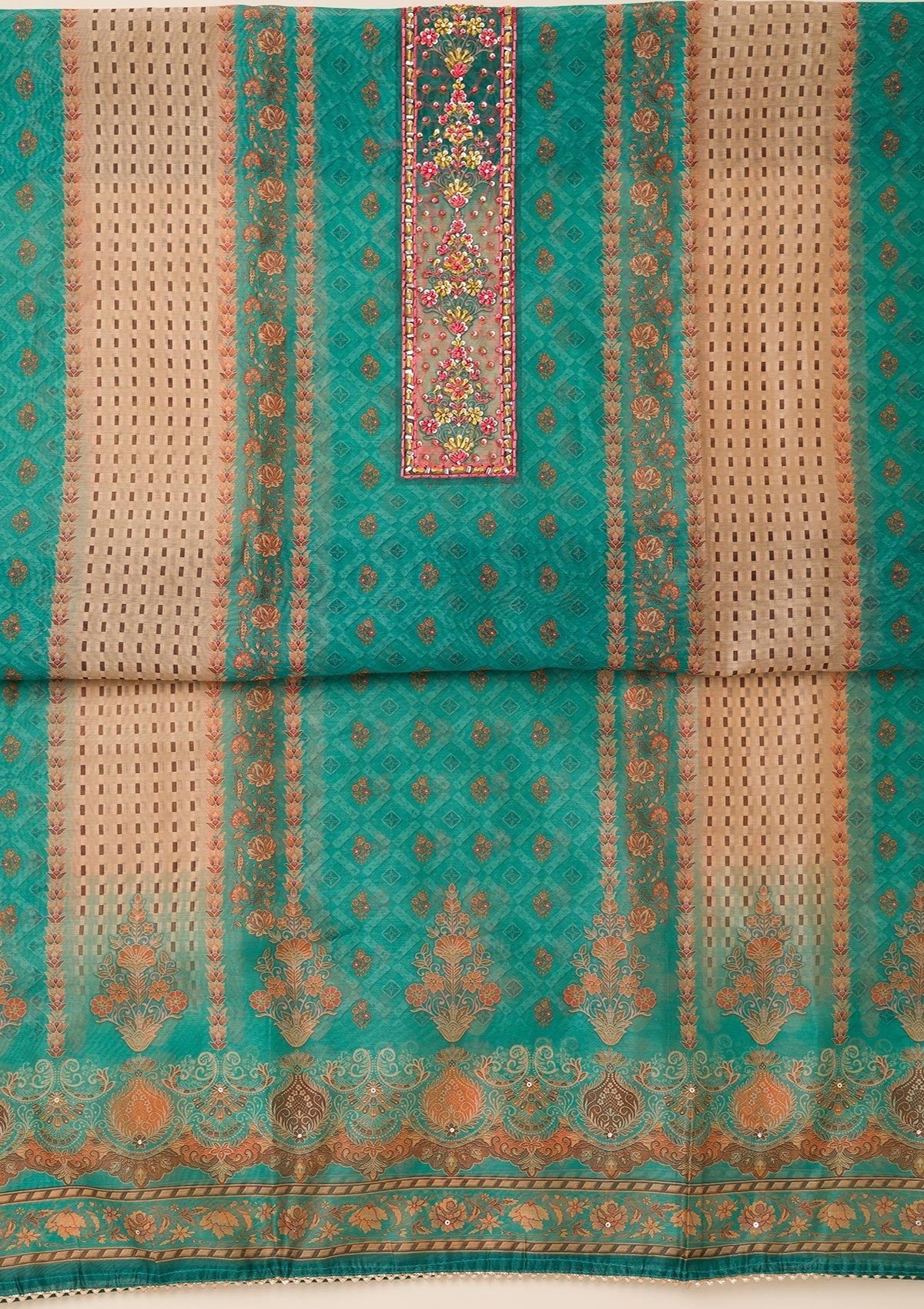 Peacock Green Printed Chanderi Unstitched Salwar Suit-Koskii