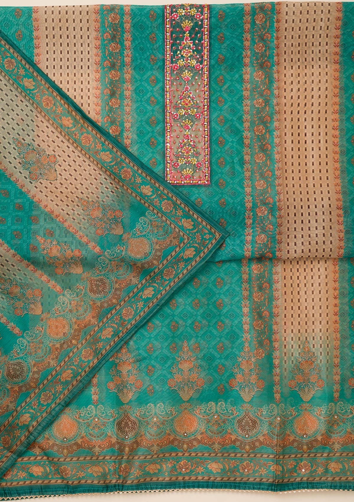 Peacock Green Printed Chanderi Unstitched Salwar Suit-Koskii