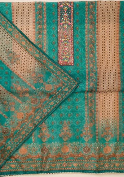 Peacock Green Printed Chanderi Unstitched Salwar Suit-Koskii