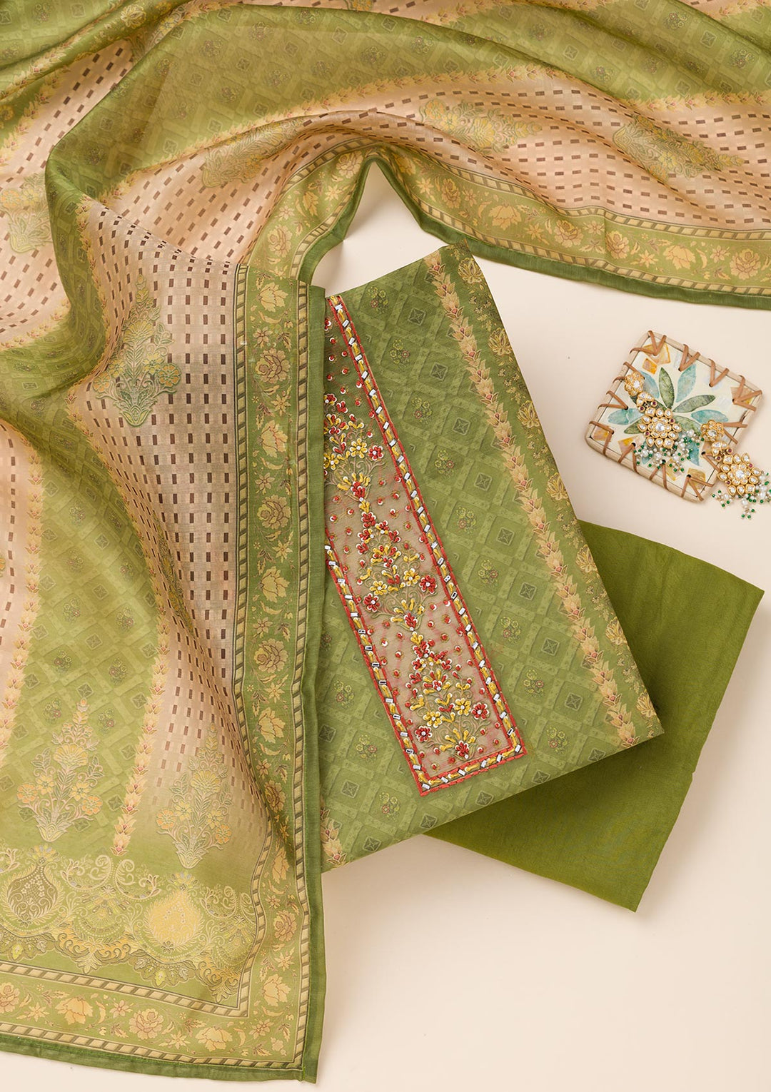Pista Green Printed Chanderi Unstitched Salwar Suit-Koskii