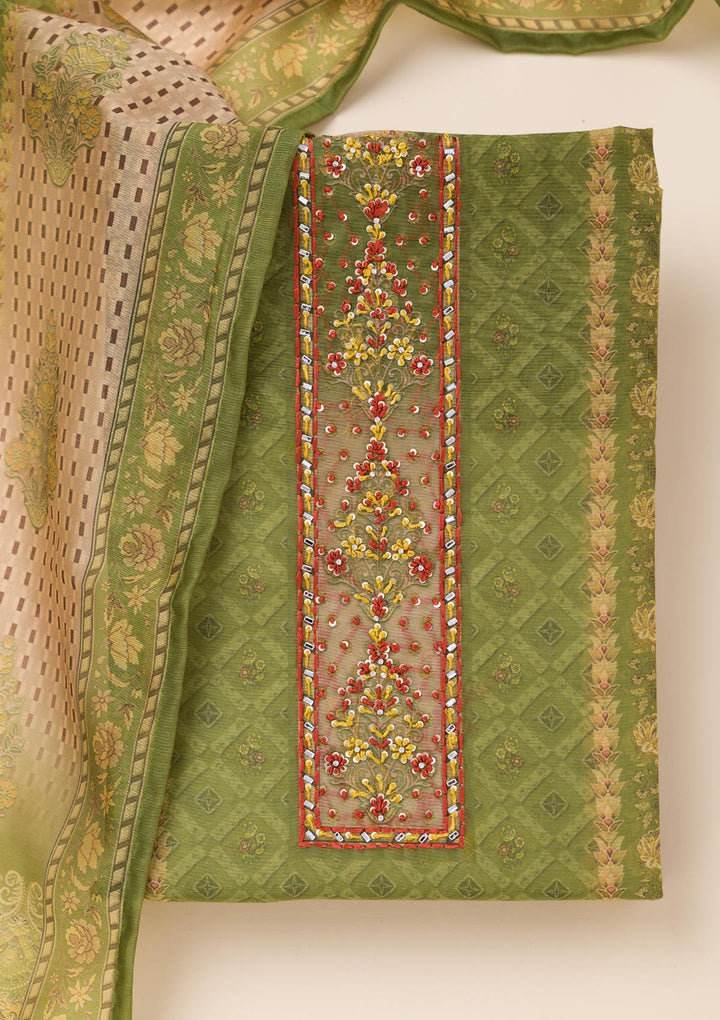 Pista Green Printed Chanderi Unstitched Salwar Suit-Koskii