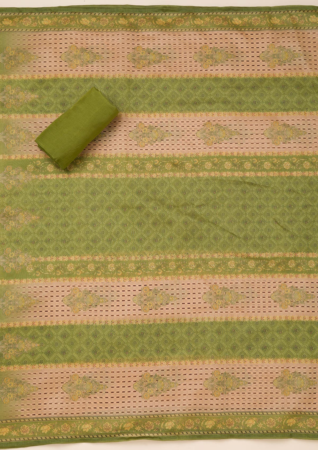 Pista Green Printed Chanderi Unstitched Salwar Suit-Koskii