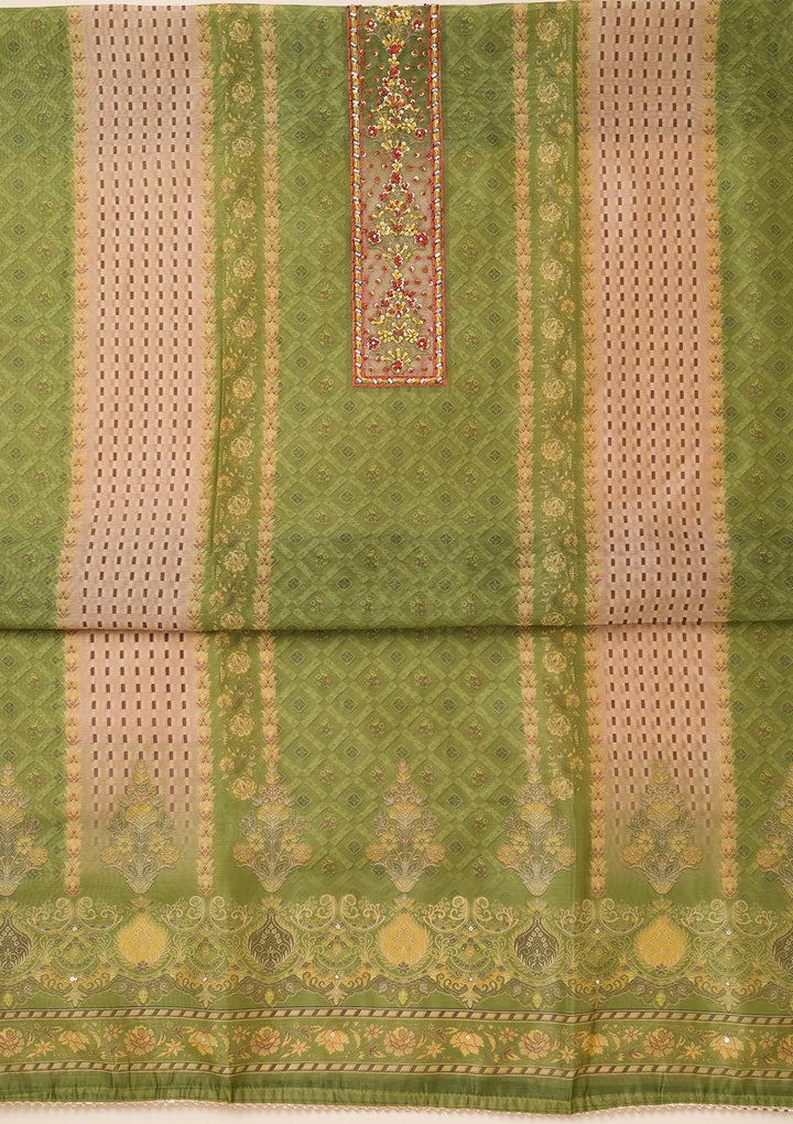 Pista Green Printed Chanderi Unstitched Salwar Suit-Koskii