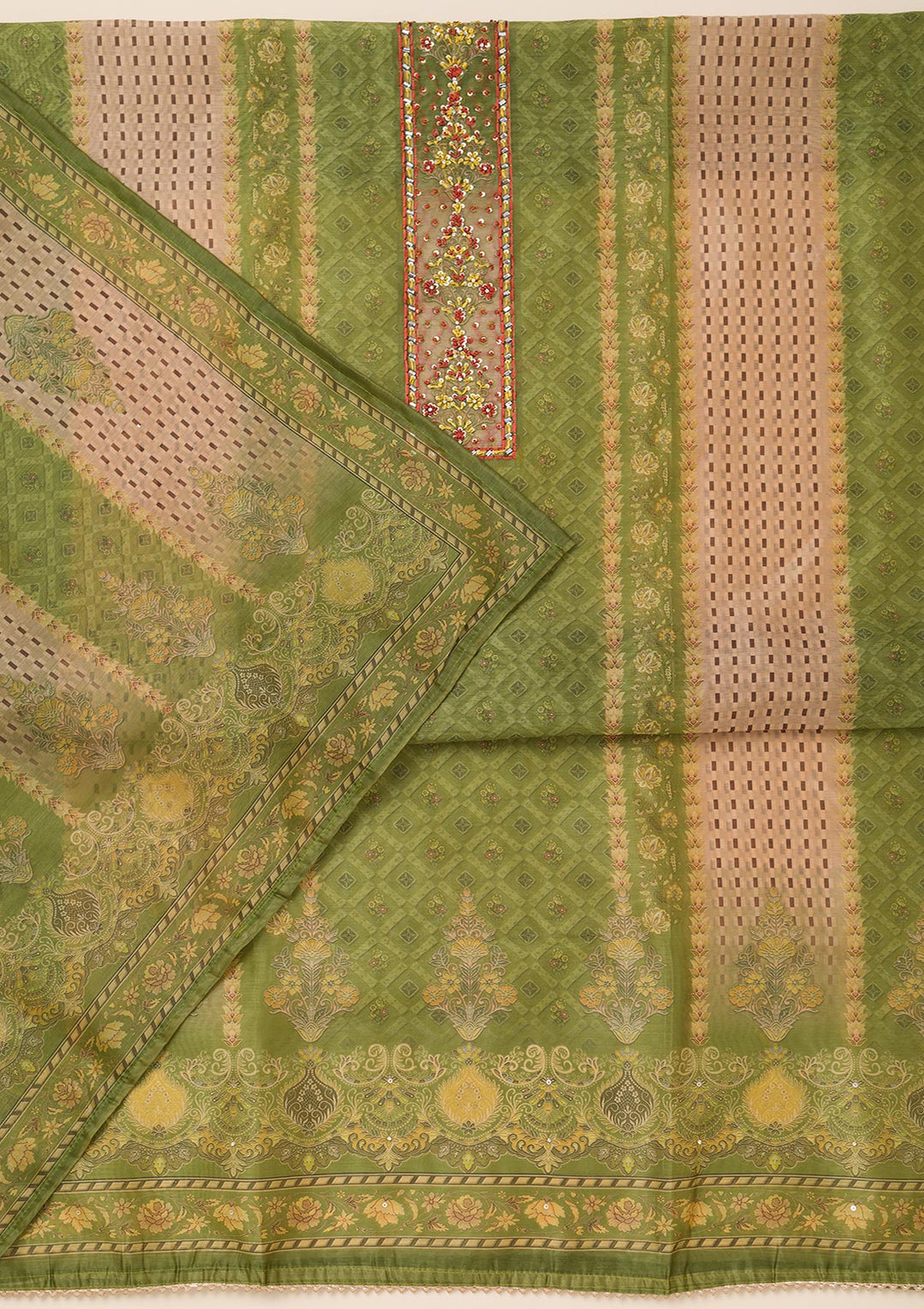 Pista Green Printed Chanderi Unstitched Salwar Suit-Koskii