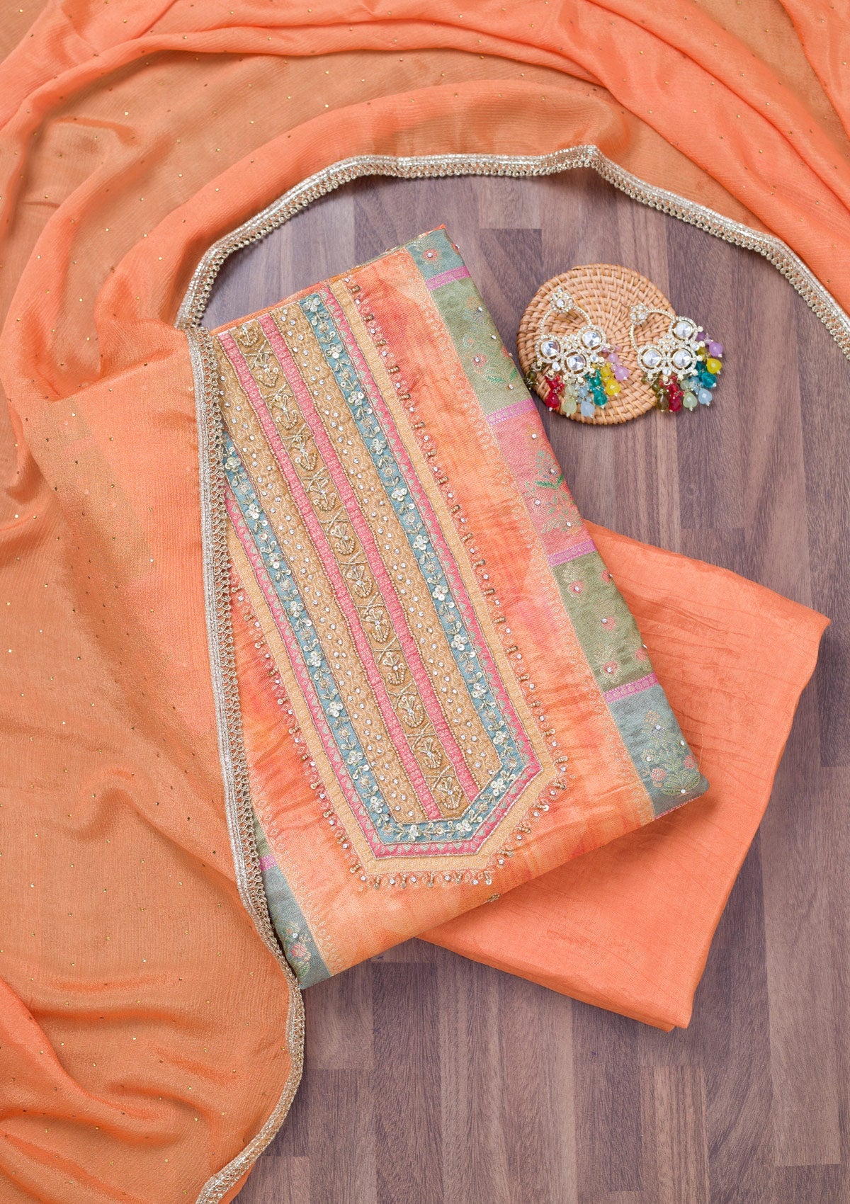 Peach Stonework Semi Crepe Unstitched Salwar Suit-Koskii