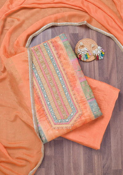 Peach Stonework Semi Crepe Unstitched Salwar Suit-Koskii