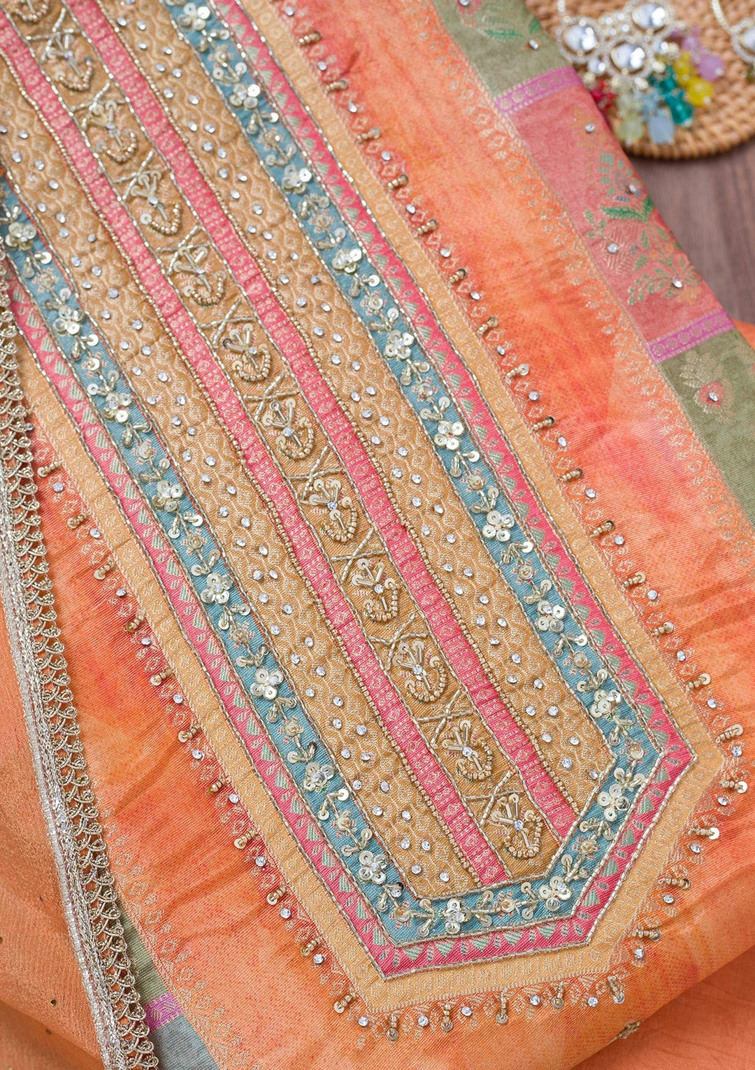 Peach Stonework Semi Crepe Unstitched Salwar Suit-Koskii