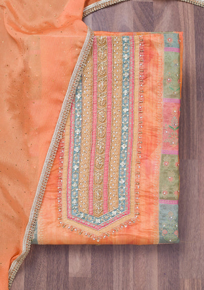 Peach Stonework Semi Crepe Unstitched Salwar Suit-Koskii
