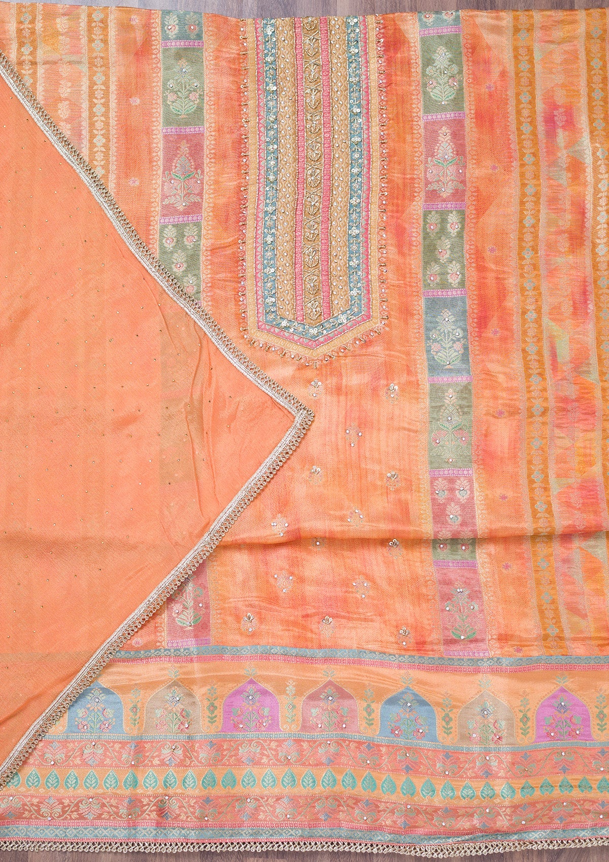 Peach Stonework Semi Crepe Unstitched Salwar Suit-Koskii