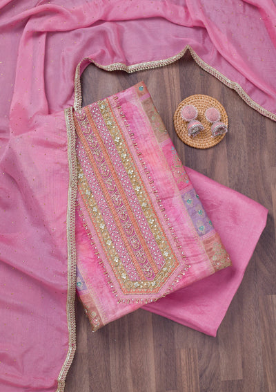 Pink Stonework Semi Crepe Unstitched Salwar Suit-Koskii