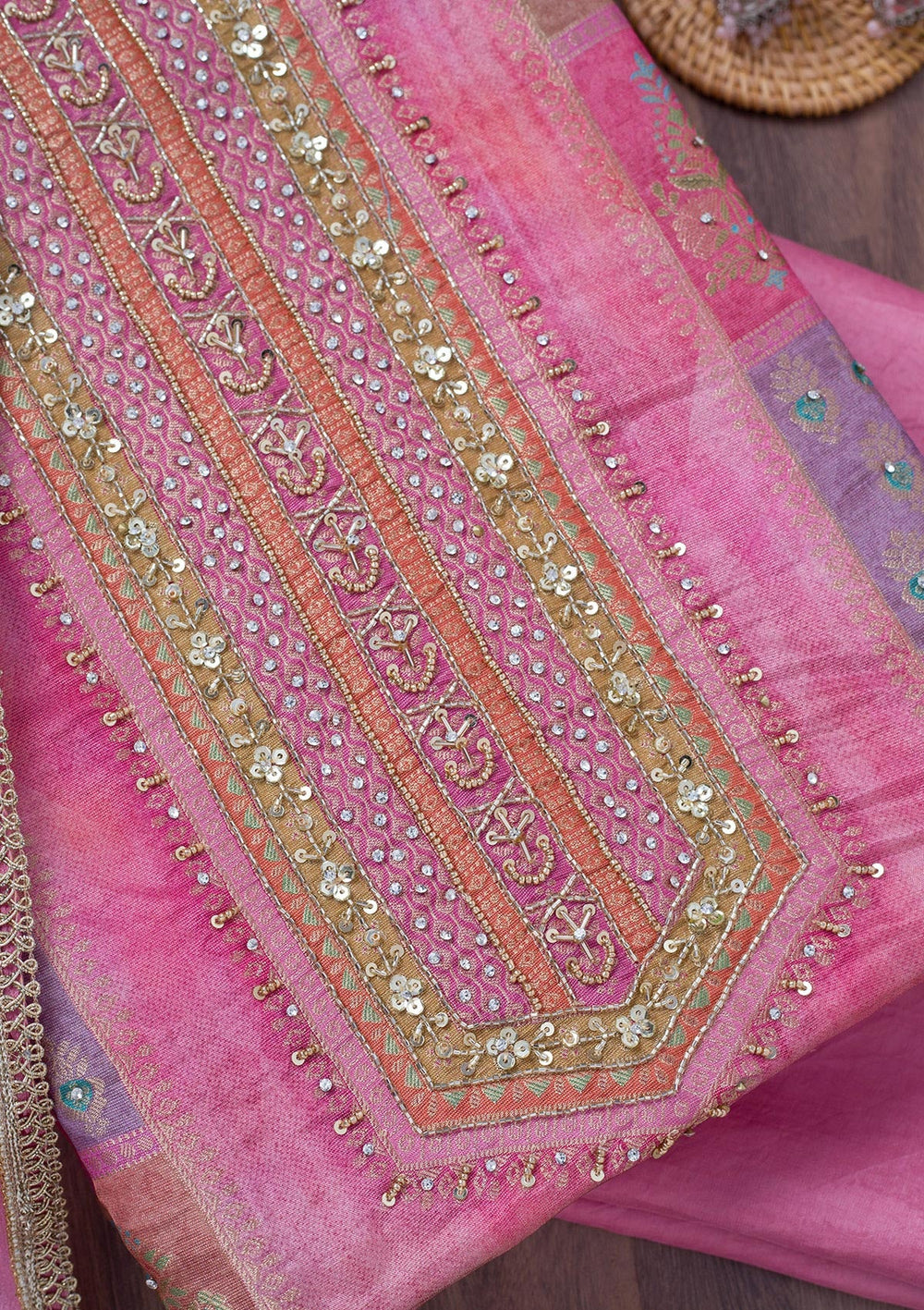 Pink Stonework Semi Crepe Unstitched Salwar Suit-Koskii