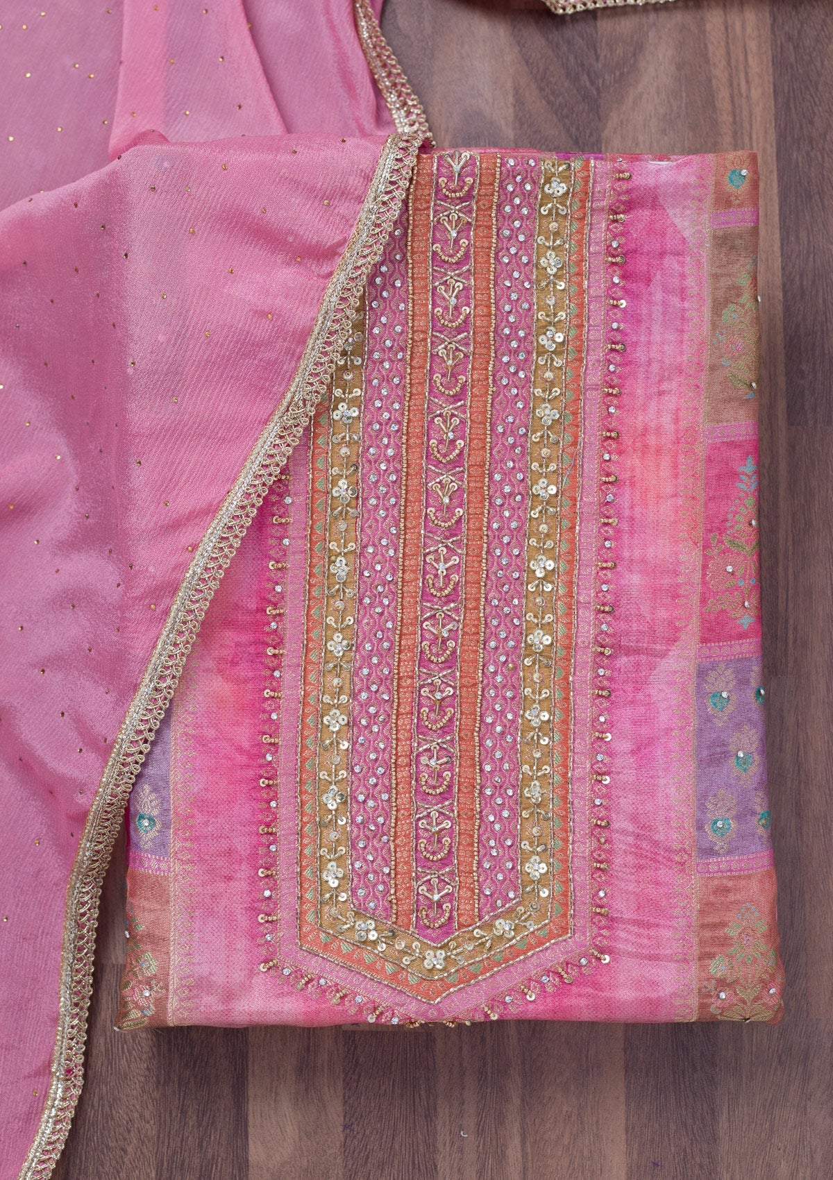 Pink Stonework Semi Crepe Unstitched Salwar Suit-Koskii