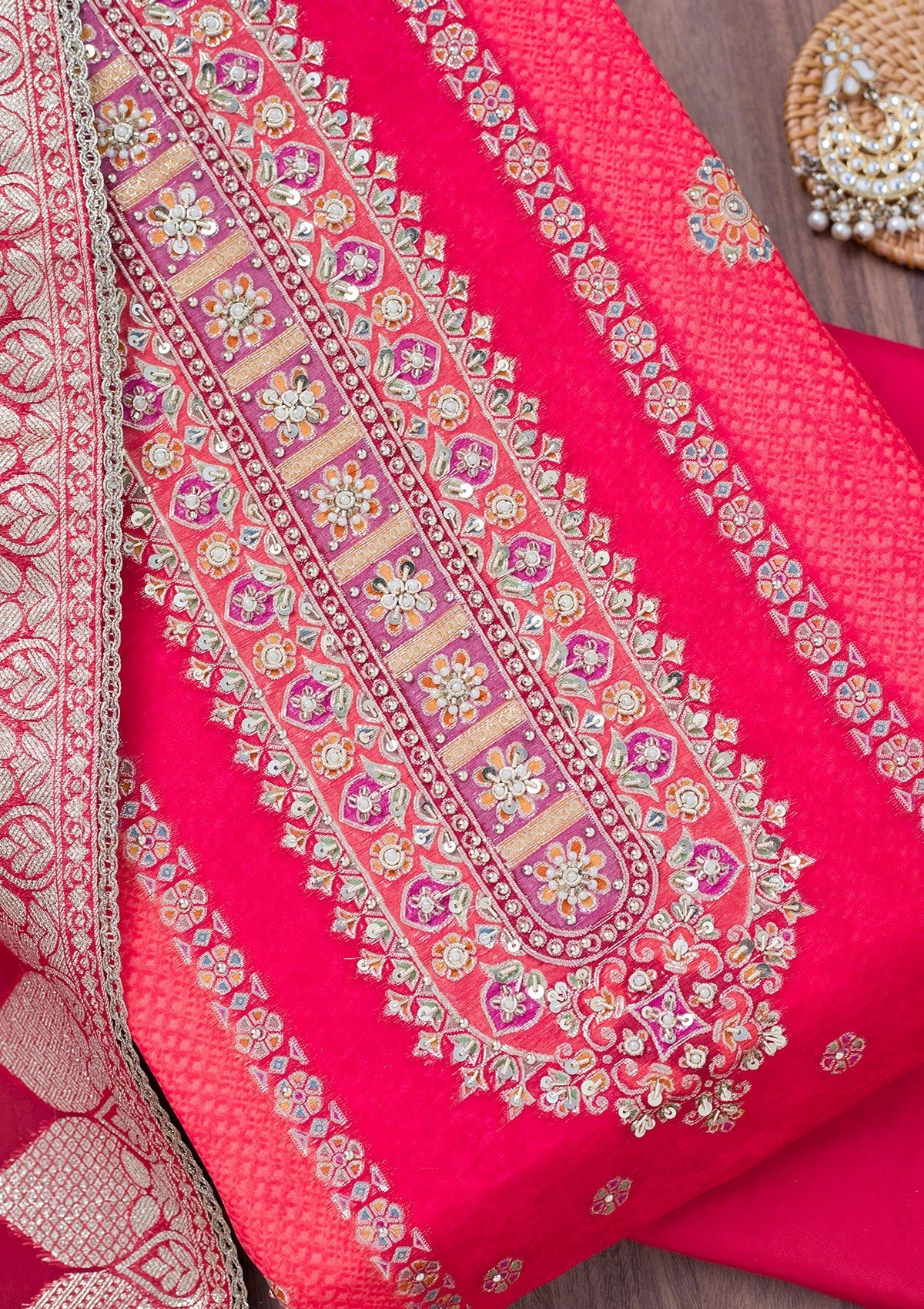 Red Cutdana Tissue Unstitched Salwar Suit-Koskii