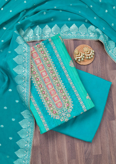 Turquoise Blue Cutdana Tissue Unstitched Salwar Suit-Koskii