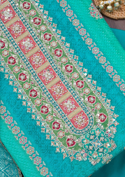 Turquoise Blue Cutdana Tissue Unstitched Salwar Suit-Koskii