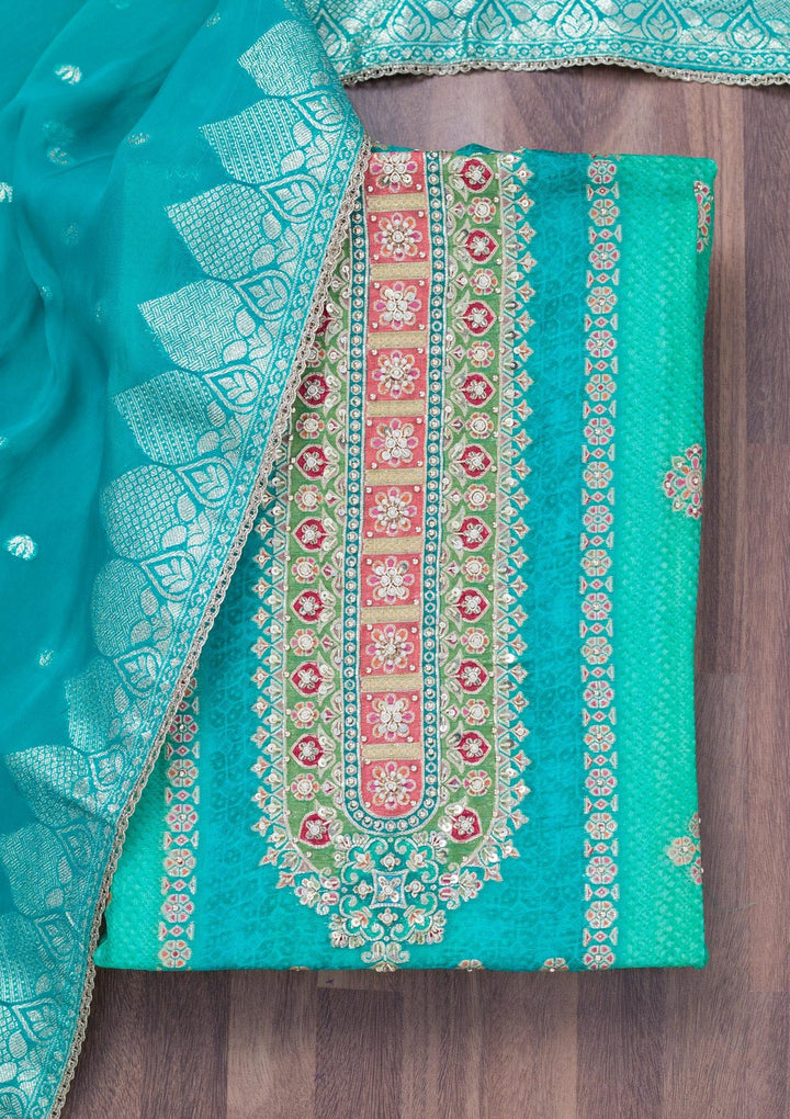 Turquoise Blue Cutdana Tissue Unstitched Salwar Suit-Koskii