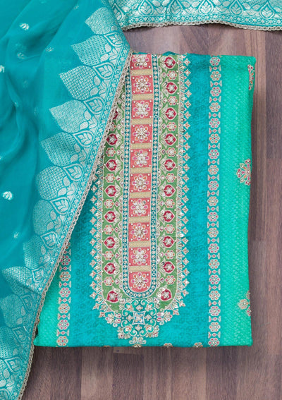 Turquoise Blue Cutdana Tissue Unstitched Salwar Suit-Koskii