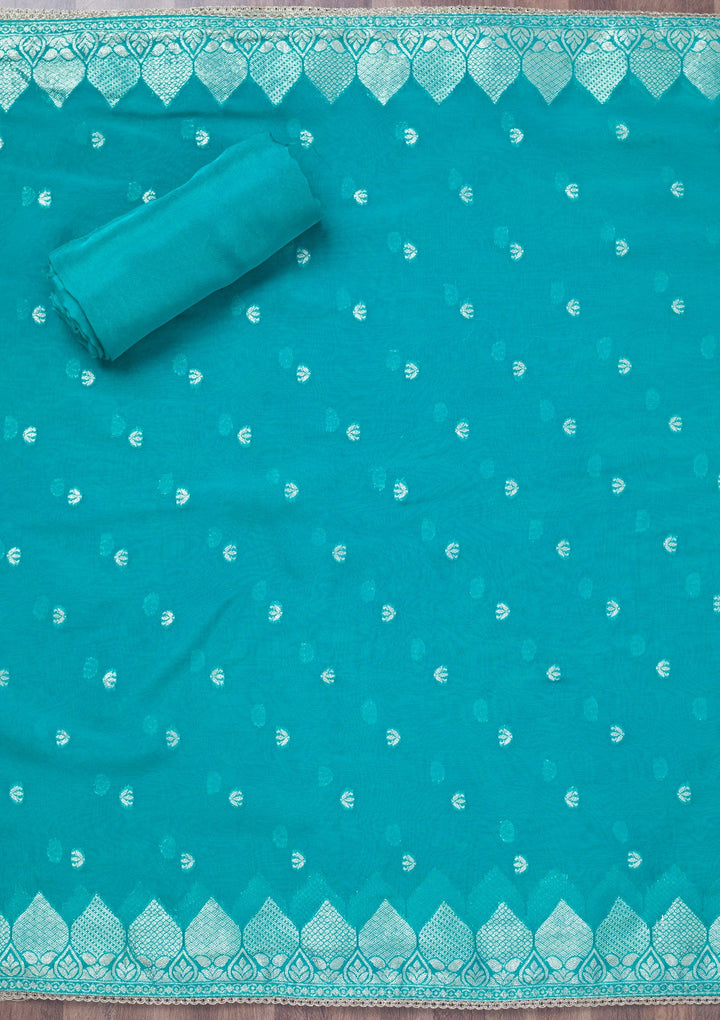 Turquoise Blue Cutdana Tissue Unstitched Salwar Suit-Koskii