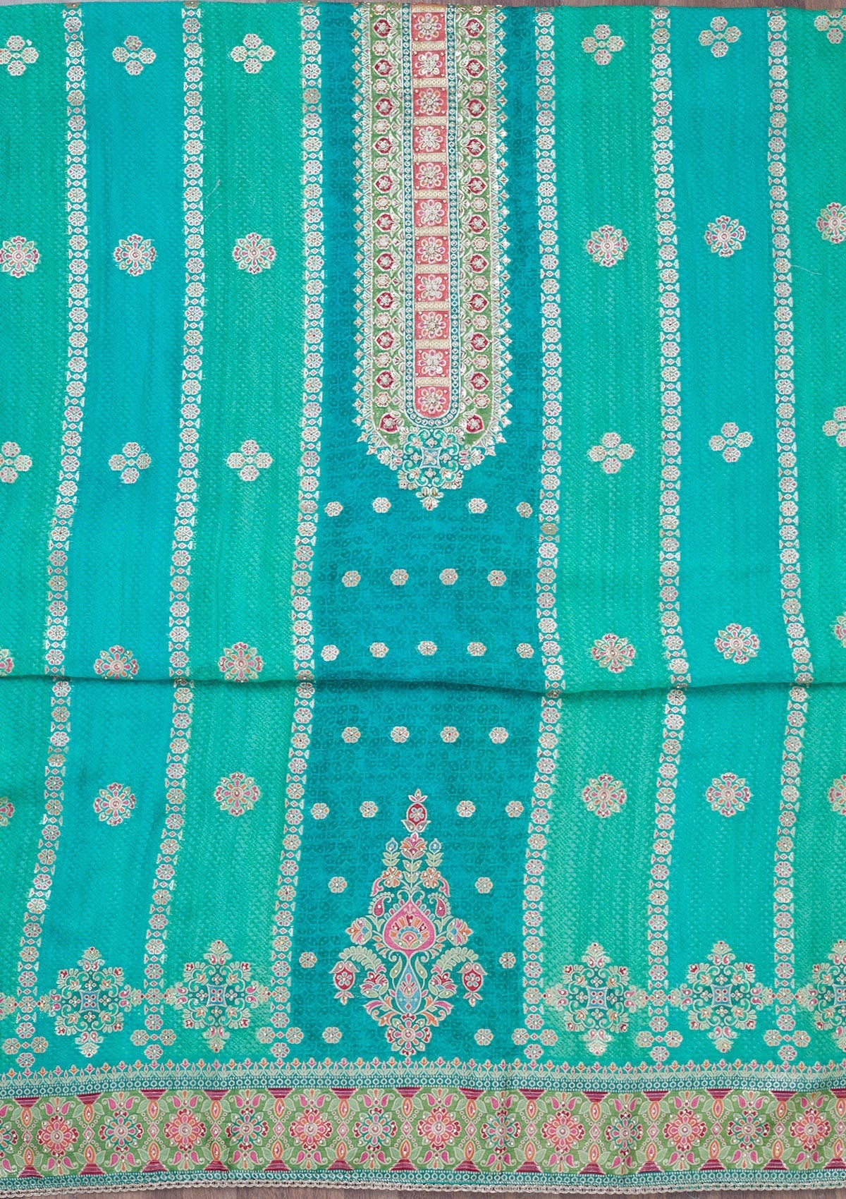 Turquoise Blue Cutdana Tissue Unstitched Salwar Suit-Koskii