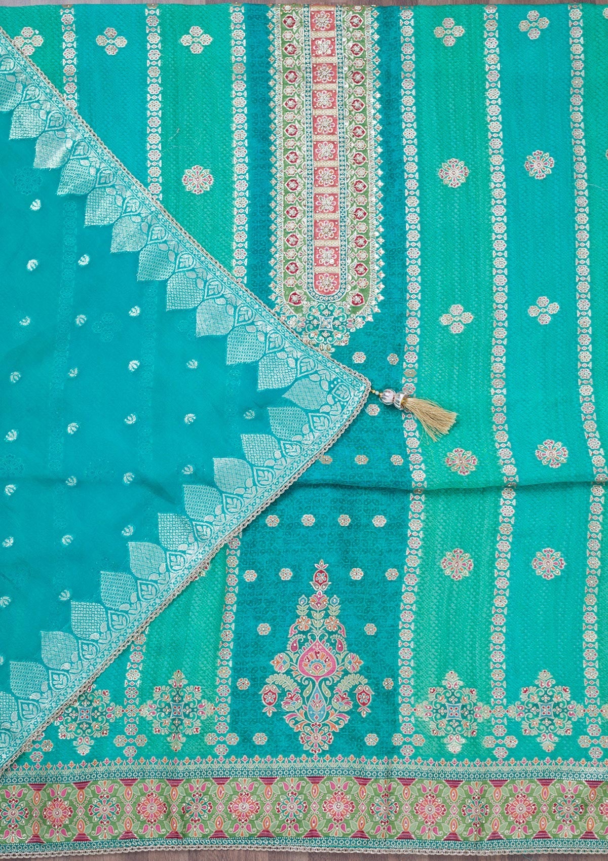 Turquoise Blue Cutdana Tissue Unstitched Salwar Suit-Koskii