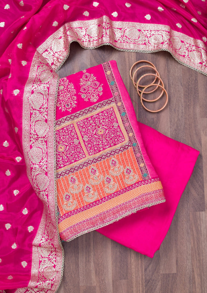 Rani Pink Cutdana Semi Crepe Unstitched Salwar Suit-Koskii