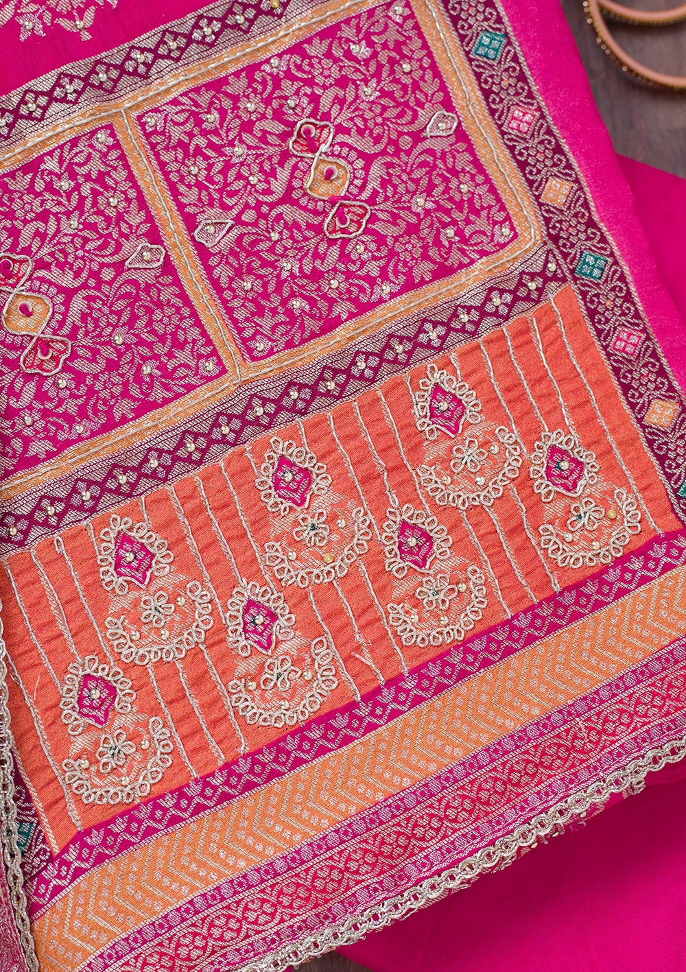 Rani Pink Cutdana Semi Crepe Unstitched Salwar Suit-Koskii