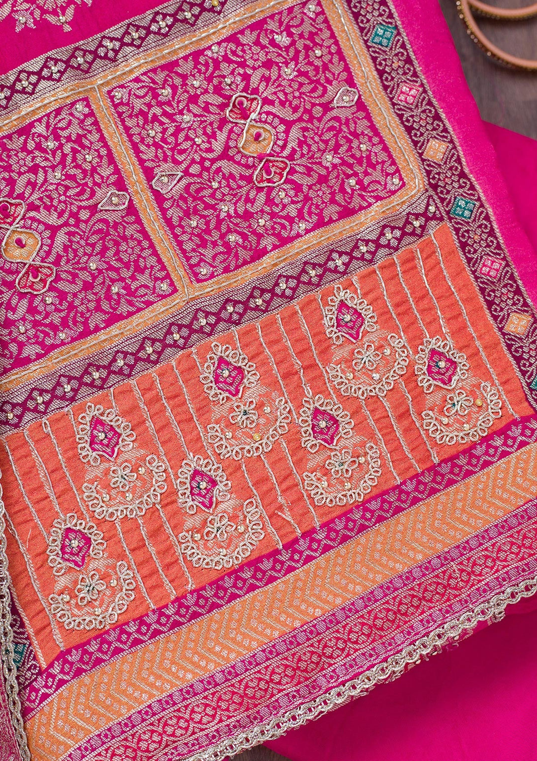 Rani Pink Cutdana Semi Crepe Unstitched Salwar Suit-Koskii