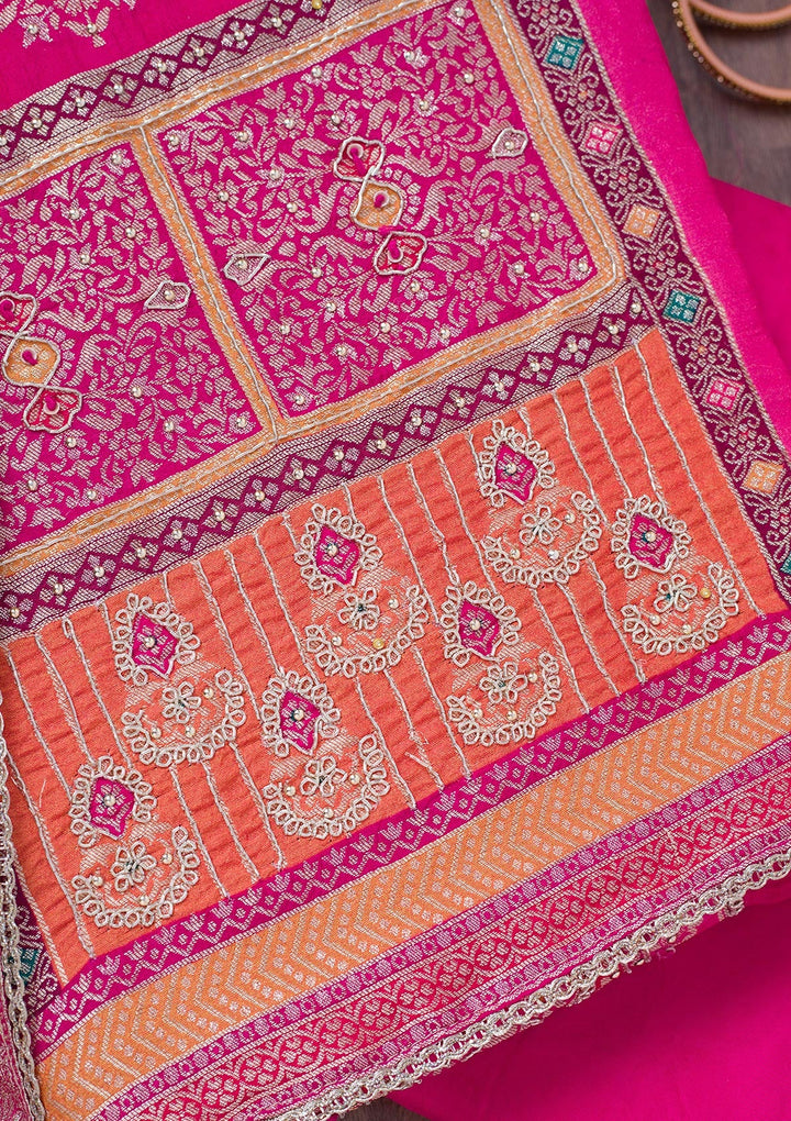 Rani Pink Cutdana Semi Crepe Unstitched Salwar Suit-Koskii