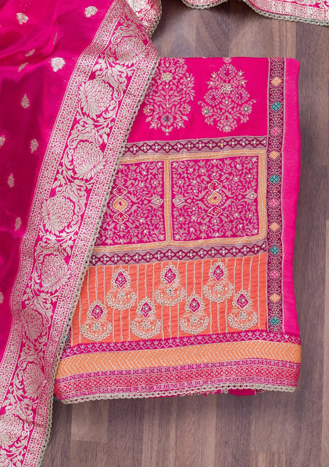 Rani Pink Cutdana Semi Crepe Unstitched Salwar Suit-Koskii