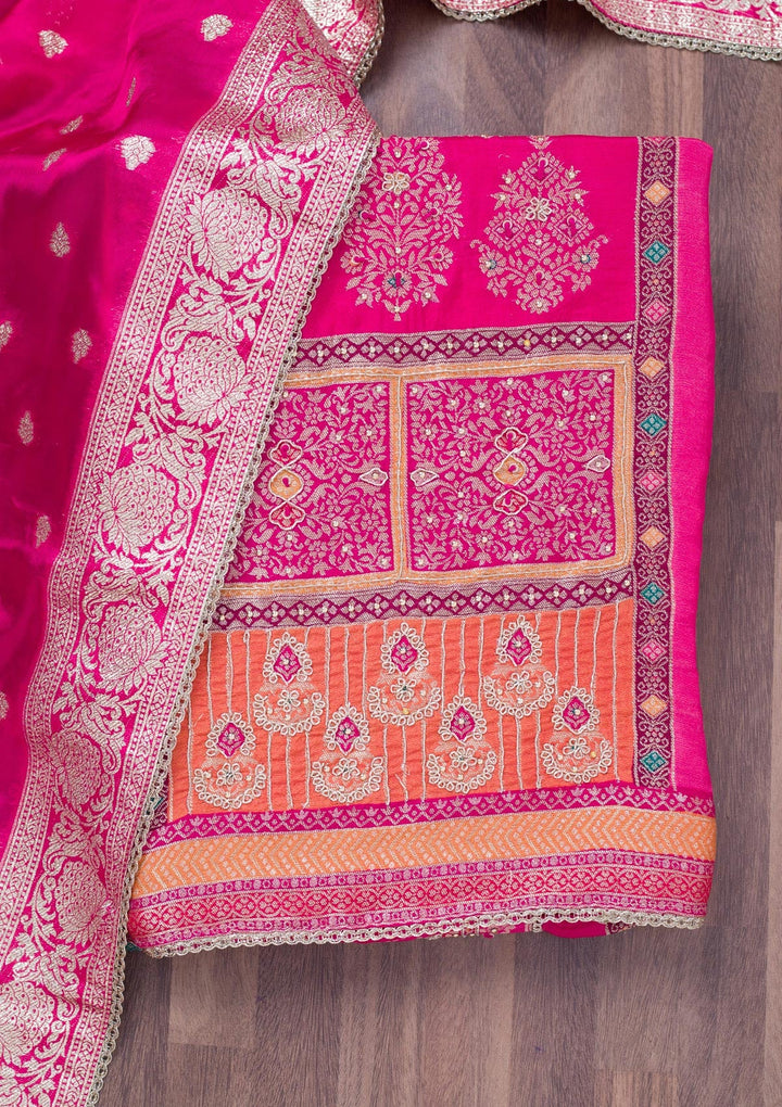 Rani Pink Cutdana Semi Crepe Unstitched Salwar Suit-Koskii