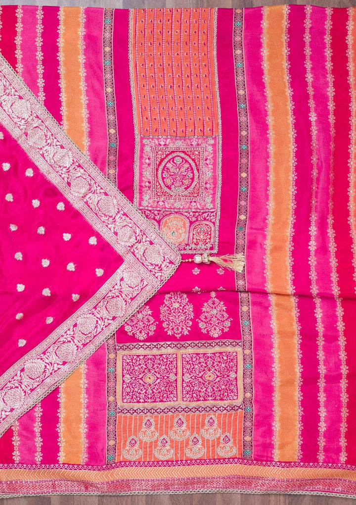 Rani Pink Cutdana Semi Crepe Unstitched Salwar Suit-Koskii