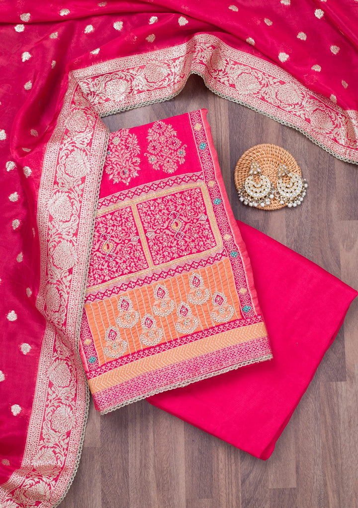 Red Cutdana Semi Crepe Unstitched Salwar Suit-Koskii