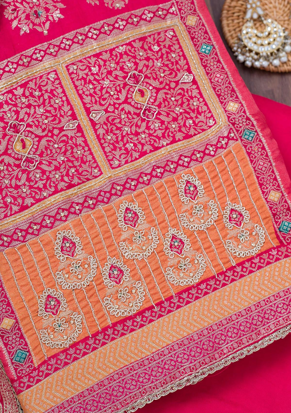 Red Cutdana Semi Crepe Unstitched Salwar Suit-Koskii